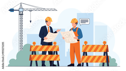 Architect and civil engineer wearing hard hats and reviewing blueprints together at a city construction site with a crane.