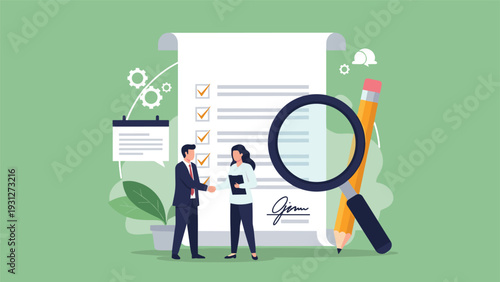 Business partners concluding a deal with a handshake in front of a large legal document and checklist for contract success.