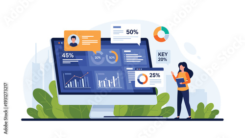 Professional woman standing next to a large computer monitor displaying data analytics and performance metrics for reporting.