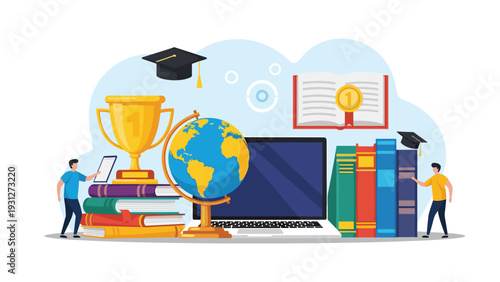 Comprehensive online education and learning concept with a laptop globe stacks of books and graduation cap for students.
