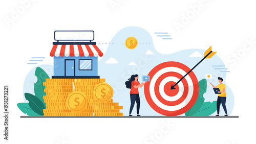 Business target and retail success concept with a store on a stack of coins and people aiming for a bullseye with an arrow.