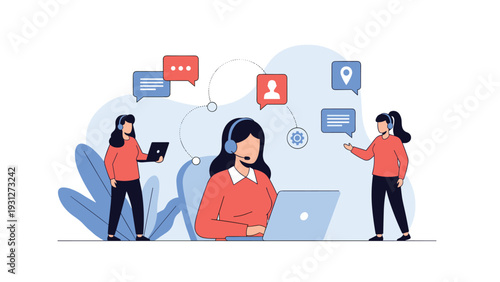 Customer service support team working with headsets and laptops to provide online assistance and communication.