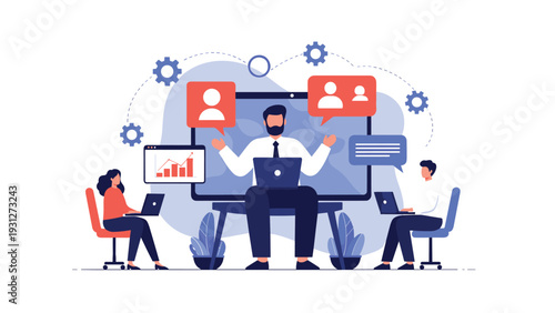 Remote team collaboration concept with people working on laptops connected to a central manager on a large screen.