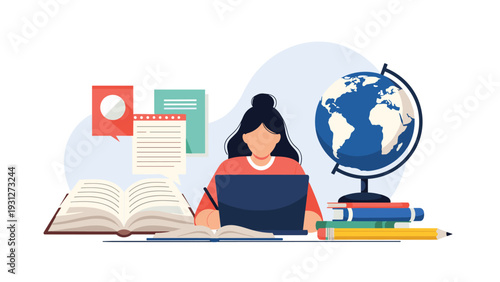 Student focusing on her studies with a laptop books and a globe for global online education and academic research.