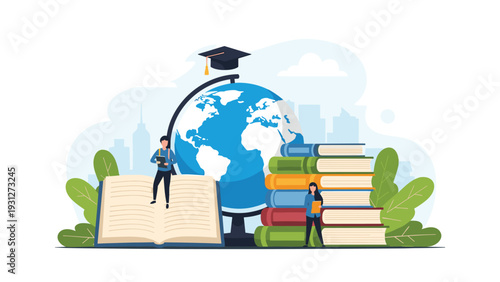 Students engaged in learning and research around giant books and a globe representing global education and academic study.