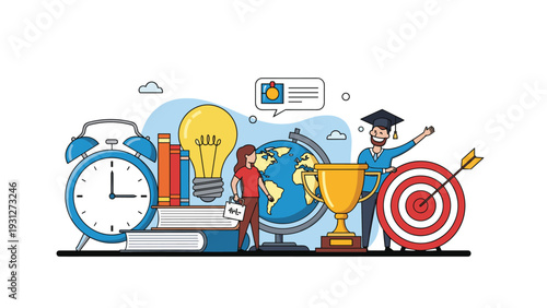 Educational success concept featuring an alarm clock light bulb books a globe a trophy and a target for academic motivation.