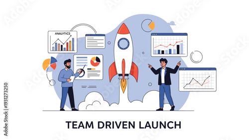 Collaborative team driving a successful business launch with a rocket and various data analytic reports.