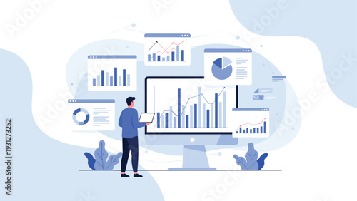 Data analyst monitoring various windows of financial charts and statistical graphs on a large desktop computer.