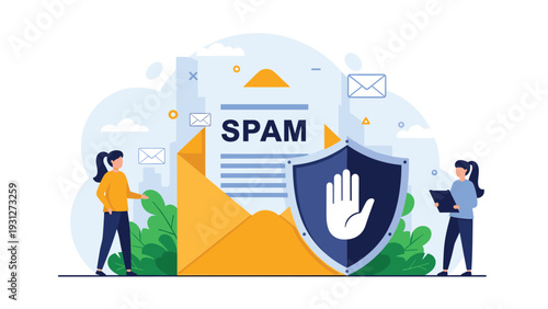 Cyber security team blocking email spam with a large protective shield and hand stop sign to ensure internet data safety.