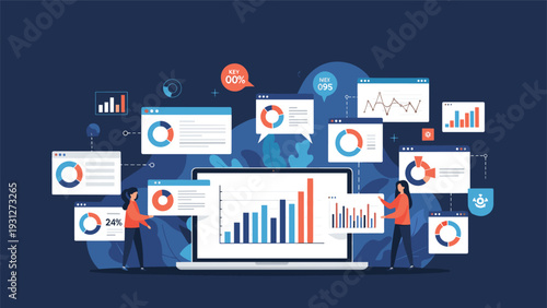 Team of data analysts presenting financial growth charts and statistical reports on a large laptop screen during a meeting.