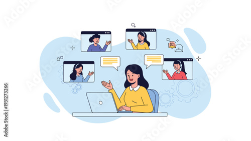 Woman conducting a remote video conference meeting with multiple colleagues across several digital windows.