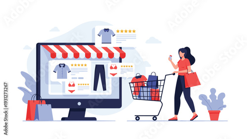 Consumer browsing an online clothing store on a large monitor and filling a shopping cart for digital retail.