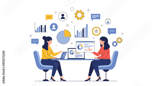 Professional colleagues collaborating at a meeting table with laptops and various data analytics charts for business plans.