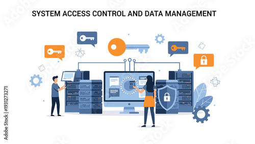 IT professionals managing system access control and secure data servers with keys and locks to ensure network safety.