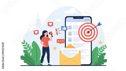 Marketing promotion concept featuring a woman using a megaphone to broadcast social media ads on a smartphone.