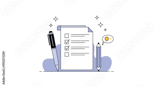 Project planning and completion concept with a large checklist document pen and pencil symbols for business organization.
