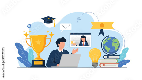 Student achieving success in online education with a trophy graduation cap globe and laptop learning tools.