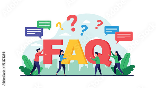 Diverse group of people standing around large colorful FAQ letters representing customer support and helpful information.