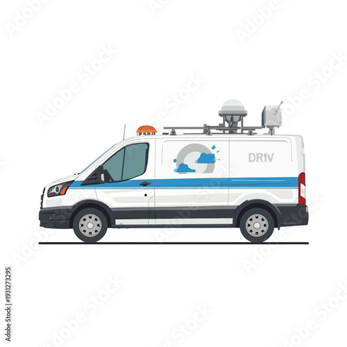 White van with DRIV logo and satellite equipment on roof.