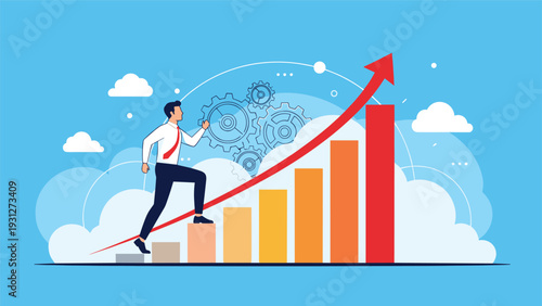 Career advancement and professional success concept with a man climbing a rising bar graph toward his business goals.