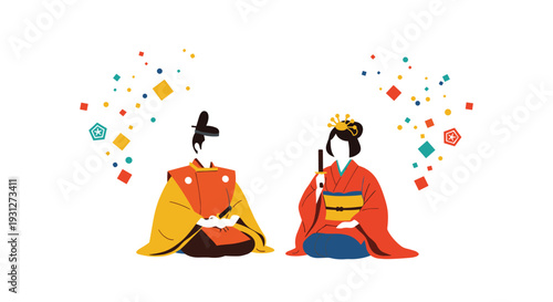 Elegant vector illustration of traditional Japanese Emperor and Empress Hina dolls for the Hinamatsuri or Girls Day festival.