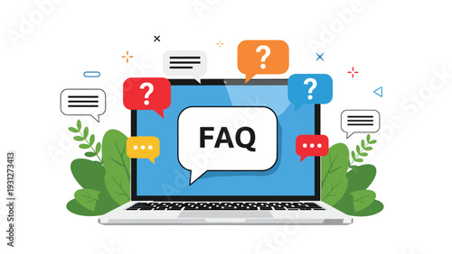 Online customer support and frequently asked questions concept with a laptop displaying FAQ and query symbols.