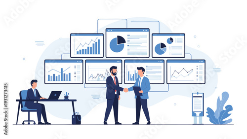Business professionals shaking hands to seal a deal in front of multiple digital screens displaying financial data charts.