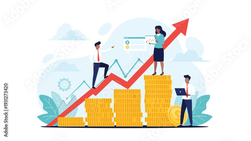 Financial growth and wealth management concept showing people achieving success on growing stacks of gold coins.