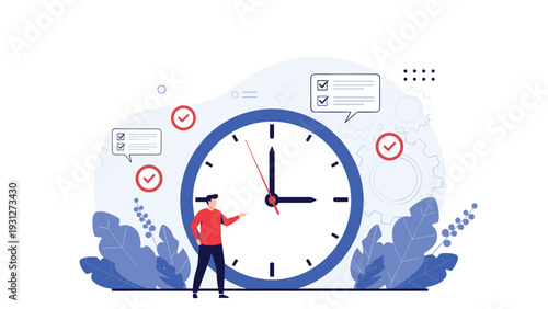 Deadline management and productivity concept featuring a professional monitoring time on a large clock face.