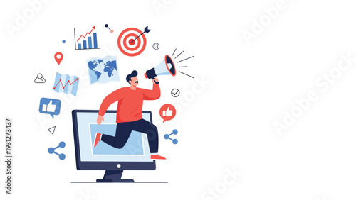 Digital advertising and content marketing strategy concept with a man enthusiastically promoting from a computer.