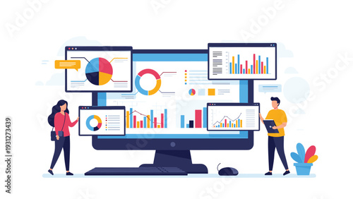 Professional analysts reviewing complex business intelligence dashboards and performance metrics on a large screen.