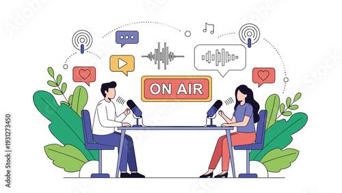 Modern audio broadcasting and podcasting session with hosts speaking into microphones in a professional setting.