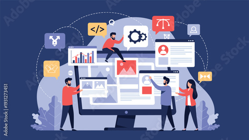 Web design and user interface development concept with a creative team collaborating on a digital project layout.