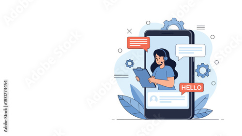 Mobile customer support and virtual assistant concept with a professional providing service through a smartphone app.