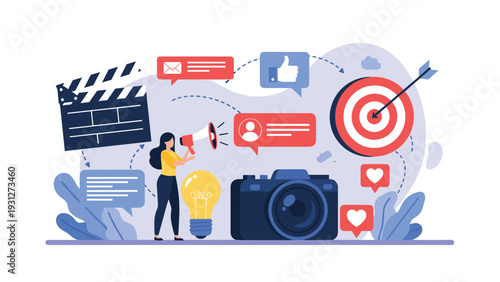 Multimedia content creation and social media marketing strategy featuring various creative tools and engagement icons.