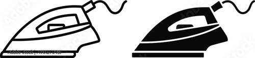 Black and white line art illustration of electric irons with cord, shown in outline and silhouette styles, perfect for household appliance icons and design themes