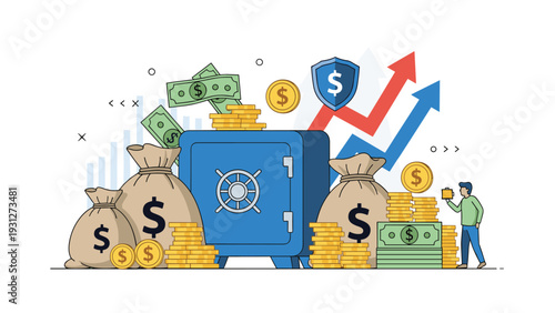 Secure investment strategies and financial growth with vault, money bags and rising profit arrows in vector illustration.