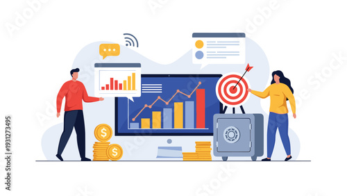 Business growth and financial target achievement with team analyzing data charts on computer near money and secure vault.
