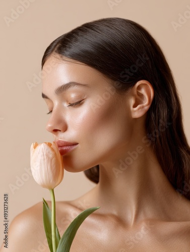 portrait of a young latina woman smelling a tulip with closed eyes