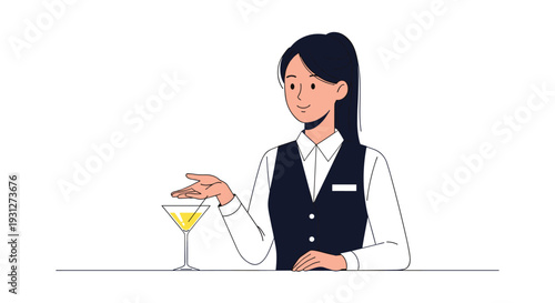 A professional and friendly female bartender in a uniform vest serving a yellow cocktail in a martini glass behind the bar counter.