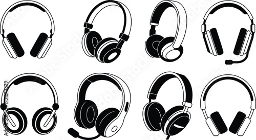 Black and white line art illustration of headphones and headsets in different designs including over-ear, on-ear, and microphone styles for audio, music, and gaming themes