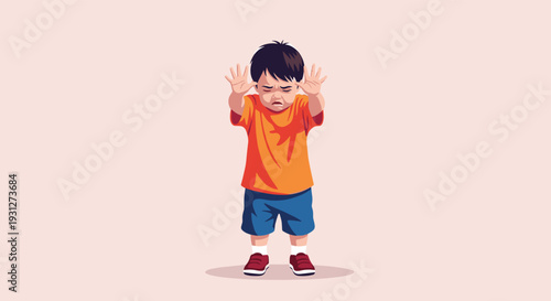 A young toddler boy with a sad and fearful expression holding up his hands in a defensive stop gesture on a plain background.