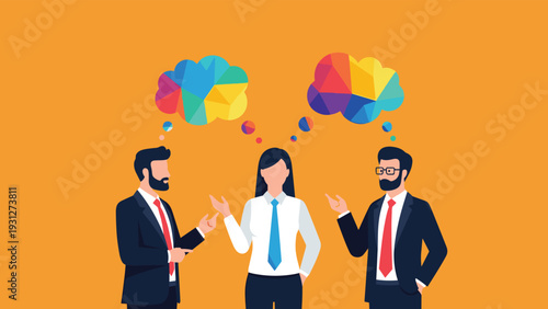 Business colleagues in a discussion with colorful thought bubbles representing diverse creative ideas and collaboration.