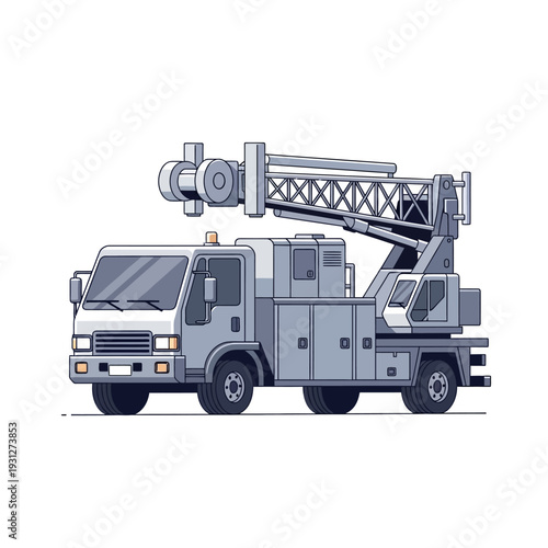 Gray crane truck with extended boom on white background.