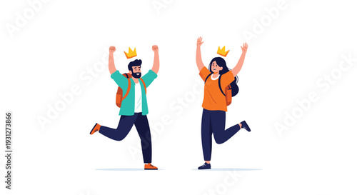 An excited man and woman with backpacks and floating crowns jumping for joy, celebrating a victory or major achievement together.