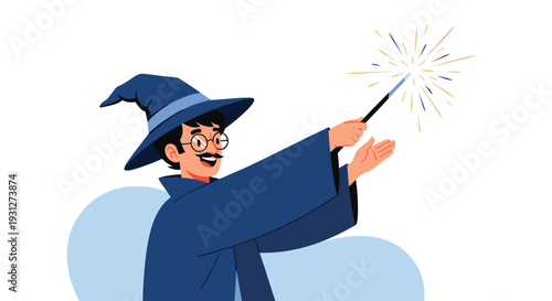 A smiling wizard character with glasses and a mustache wearing a pointed hat and robe while casting a magic spell with his wand.