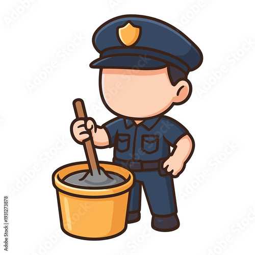 Cartoon police officer stirring bucket with stick
