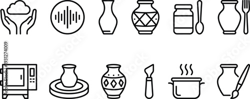 Black and white line art illustration of pottery and ceramics icons including vases, tools, kiln, wheel, and decoration, symbolizing craft, creativity, and handmade art