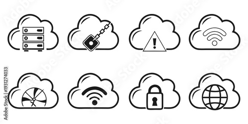 Collection of icons representing various aspects of cloud computing and cybersecurity