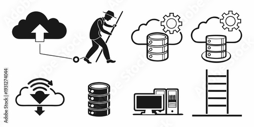 Illustrations of cloud computing, data storage, and network connectivity.